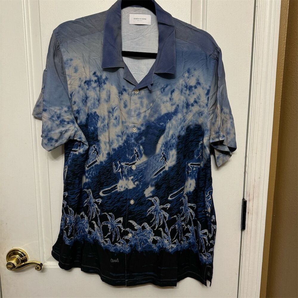Ovadia & Sons Men's XL Hawaiian Surf‎ Graphic Print Shirt Blue
